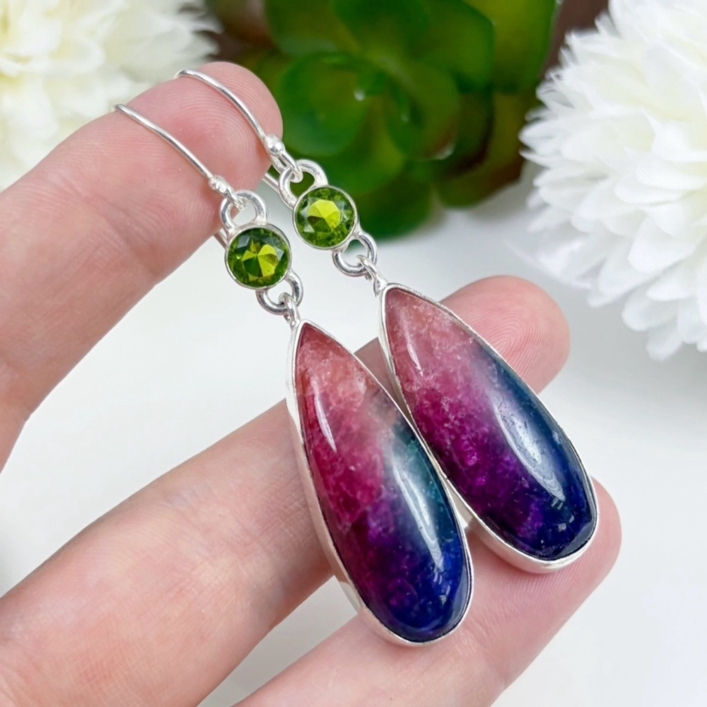 Peridot and Rainbow Quartz Gemstone Earrings New 925 Sterling Silver Overlay